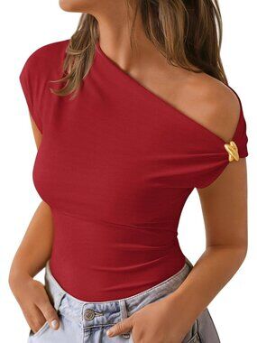 👑 Women's Red Off Shoulder Ruched Asymmetrical Sexy Cap Sleeve Blouses Tops